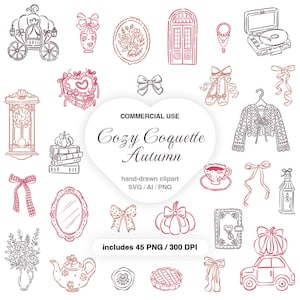 May include: A collection of hand-drawn line art illustrations in shades of pink and brown, featuring a carriage, clock, books, bows, ballet slippers, a cardigan, a teapot, a car with a pumpkin, and text reading Cozy Coquette Autumn.