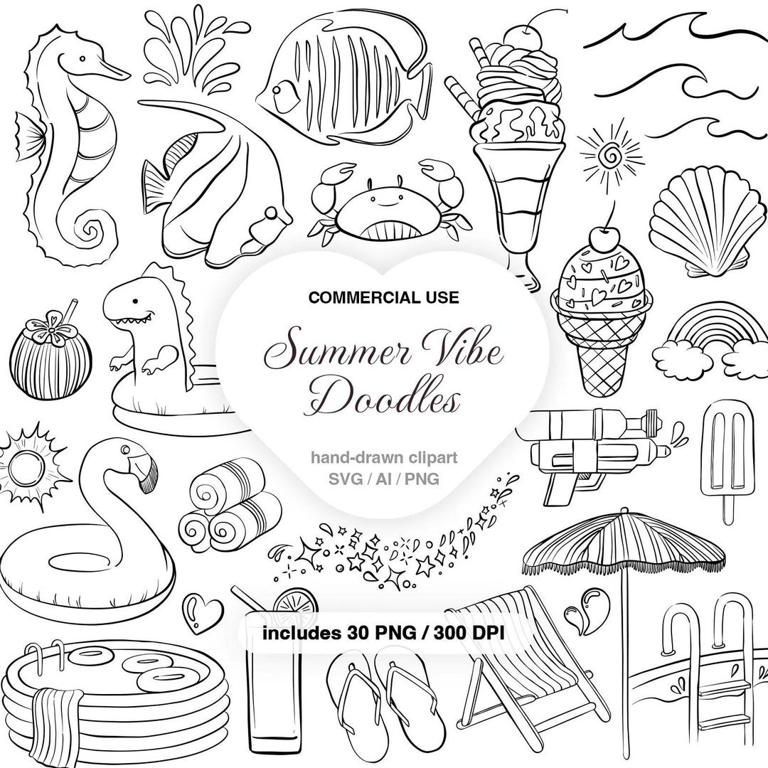 Summer Clipart Png Bundle Hand Drawn Doodle for Cricut Commercial Use ...
