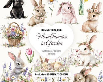 Clipart de acuarela de conejito de primavera para decoración de guardería, conejitos florales, animales de jardín, descarga digital PNG