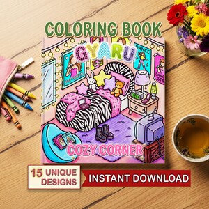 May include: A square coloring book titled Gyaru Cozy Corner featuring a cartoon bedroom illustration with a zebra print bed, pink blankets, a television, and posters. The cover includes the text Coloring Book, Gyaru Cozy Corner, 15 Unique Designs, and Instant Download.