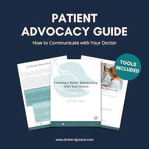 以下が含まれることがあります： 「PATIENT ADVOCACY GUIDE」と「How to Communicate with Your Doctor」というテキストが入った濃い青色のグラフィック。画像には、「Creating a Better Relationship with Your Doctor」というタイトルのドキュメントが3つ含まれています。緑色の円には「TOOLS INCLUDED」と書かれています。