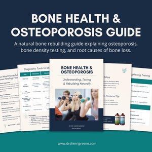 Op de afbeelding: Een gids getiteld "BONE HEALTH & OSTEOPOROSIS GUIDE" met de ondertitel "Understanding, Testing & Rebuilding Naturally". De cover toont vrouwen die met gewichten trainen. Extra pagina's beschrijven botgezondheid, testen en oorzaken van botverlies.