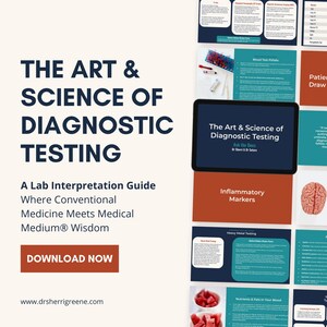 以下が含まれることがあります： 「The Art & Science of Diagnostic Testing」と題されたプレゼンテーションの画像。タイトルは大きな濃い青色の文字で表示されています。その下には「A Lab Interpretation Guide」と書かれています。タブレットにはタイトルが表示されています。他のスライドも表示されています。
