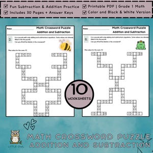 May include: A Grade 1 maths worksheet in PDF format, featuring addition and subtraction crossword puzzles. The image includes 10 worksheets with answer keys, available in colour and black and white. Text reads "Math Crossword Puzzle Addition and Subtraction."