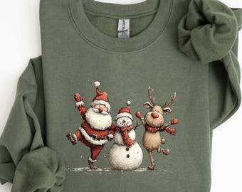 Christmas Santa Snowman Reindeer Sweatshirt: Tree & Bow Graphic Tee, Preppy Christmas Colorful Sweatshirt, Family Christmas Gift