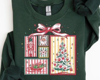 Christmas Stamp Sweatshirt, Coquette Christmas Tee, Cute Christmas Tee, Santa Claus Sweatshirt, Vintage Nutcracker Santa Tree Sweatshirt
