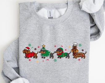 おもしろダックスフントのクリスマスツリー柄スウェットシャツ、かわいい子犬のクリスマスTシャツ、かわいいクリスマスTシャツ、犬好きのスウェットシャツ、犬のお母さんへのギフト