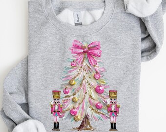 Coquette Christmas Tree FAUX! Sweatshirt, Vintage Nutcracker Christmas Tee, Preppy Christmas Tee, Pink Lover Gift, Gift For Her