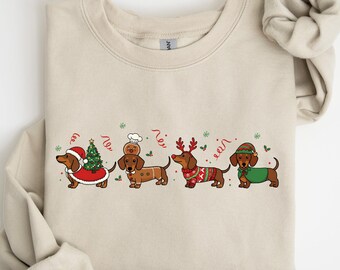 かわいいダックスフントのクリスマスツリー柄スウェットシャツ、かわいい子犬のクリスマスTシャツ、かわいいクリスマスTシャツ、犬好きのスウェットシャツ、犬のお母さんへのギフト