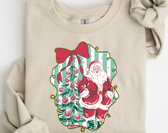 Santa Christmas Tree Sweatshirt, Preppy Coquette Christmas Sweatshirt, Cozy Christmas Shirt, Family Christmas, Christmas Gift