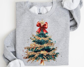 Coquette Christmas(FAUX!) Sweatshirt: Merry Christmas Tee, Christmas Tree Tee, Xmas T-shirt, Xmas Sweatshirt, Colorful Sweatshirt