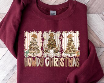 ハウディヴィンテージクリスマススウェットシャツ：レトロなカウボーイクリスマスツリーTシャツ、居心地の良いクリスマス、カウガールクリスマススウェットシャツ、プレッピーなクリスマスウエスタン