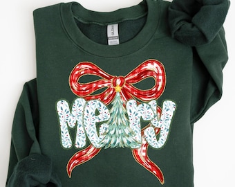 コケット メリークリスマス フェイク！スウェットシャツ：ツリー＆リボングラフィックTシャツ、クリスマスツリースウェットシャツ、ファミリークリスマスTシャツ、クリスマスギフト