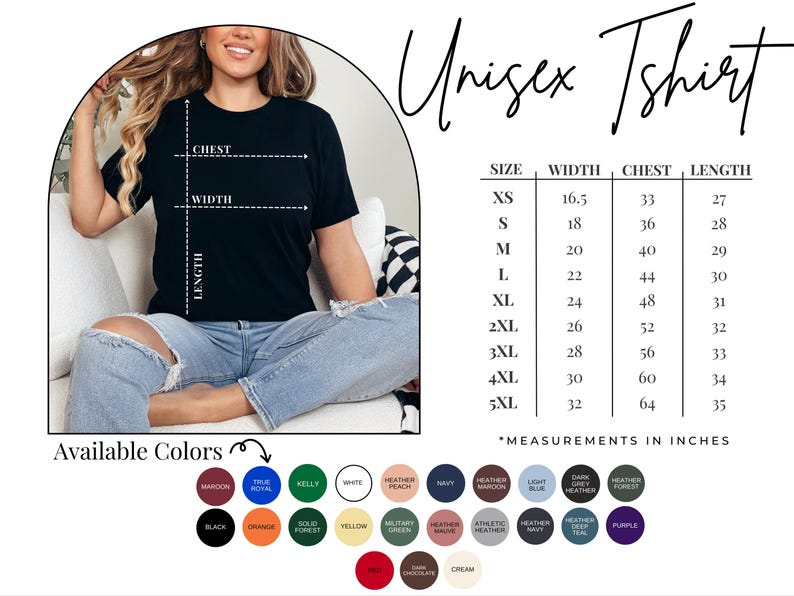 Puede incluir: Camiseta unisex negra con tabla de tallas y opciones de color. La tabla muestra medidas en pulgadas para pecho, ancho y largo, desde XS hasta 5XL. Colores disponibles: granate, azul real, verde kelly, blanco, etc.