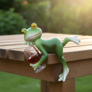 Puede incluir: Una caprichosa figura de rana verde con ojos amarillos y boca delineada en rojo, sosteniendo una copa de vino tinto. La rana está posada en el borde de una mesa de madera. La copa de vino es transparente con tallo. Los pies de la rana son blancos.