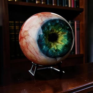 May include: A spherical glass sculpture resembling a human eyeball with a detailed iris in shades of blue, green, and yellow. The sclera is white with realistic red vascular patterns. The object rests on a black metal stand with four legs.