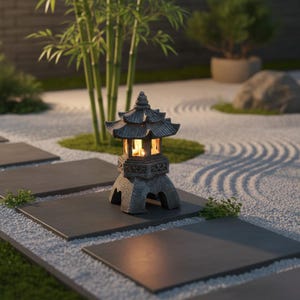 Può includere: Una lanterna da giardino giapponese in pietra grigia con tetto a pagoda, illuminata dall'interno. La lanterna è su un sentiero di pietra grigio scuro circondato da ghiaia bianca e vegetazione. Bambù e un piccolo albero sullo sfondo.