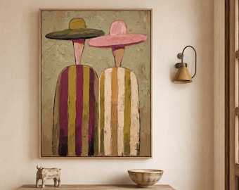 Large Couple Portrait Oil Painting, Western Hat Wall Art, Two Figures Canvas,Figurative Painting, Folk Modern Decor,Neutral Eclectic Artwork