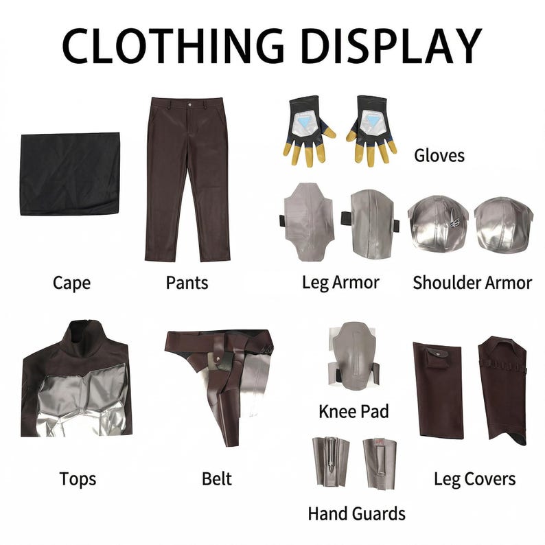 May include: A clothing display featuring a black cape, brown pants, gloves, leg armor, shoulder armor, tops, a belt, knee pads, hand guards, and leg covers. The text "CLOTHING DISPLAY" is at the top.