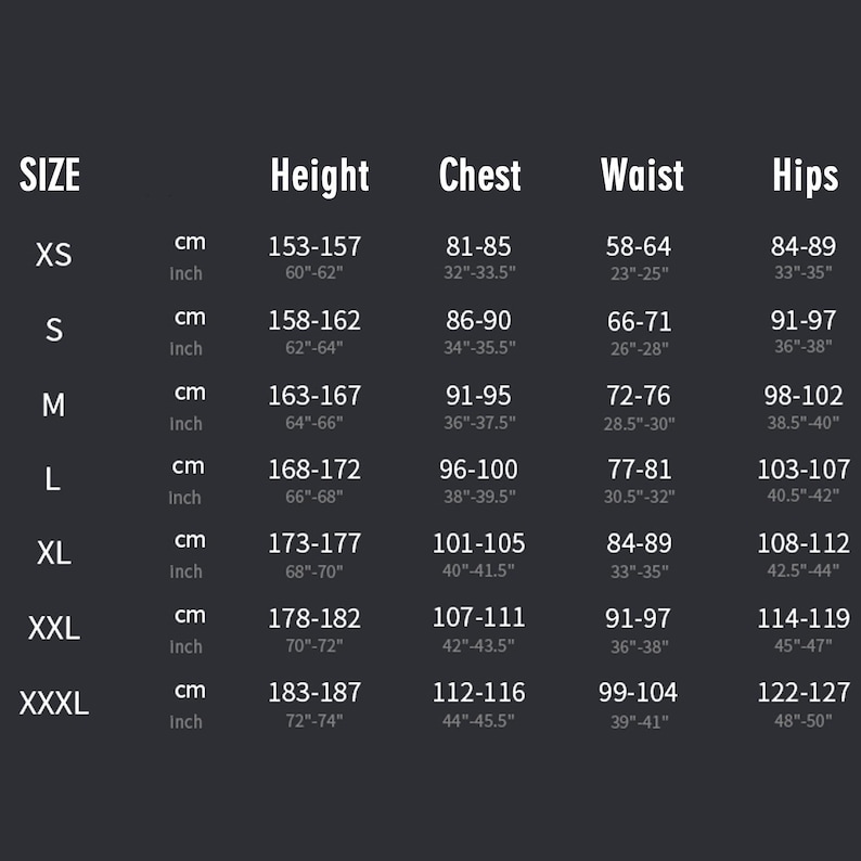 Puede incluir: Una tabla de tallas con medidas en cent&iacute;metros y pulgadas. Incluye tallas de la XS a la XXXL, detallando medidas de altura, pecho, cintura y cadera. El texto es blanco sobre un fondo gris oscuro.