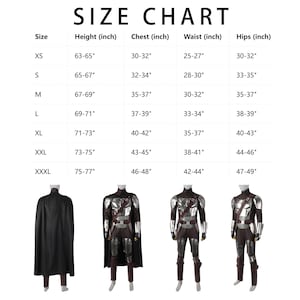 May include: Size chart for a costume, with measurements in inches for height, chest, waist, and hips. The chart includes sizes XS to XXXL. The image also shows three different costume designs, each with a helmet, armor, and cape.