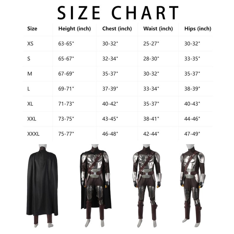 May include: Size chart for a costume, with measurements in inches for height, chest, waist, and hips. The chart includes sizes XS to XXXL. The image also shows three different costume designs, each with a helmet, armor, and cape.