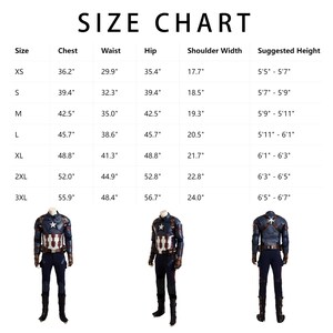 May include: Size chart for a Captain America costume, with measurements in inches for chest, waist, hip, and shoulder width. Includes suggested height ranges. Three costume examples are shown.