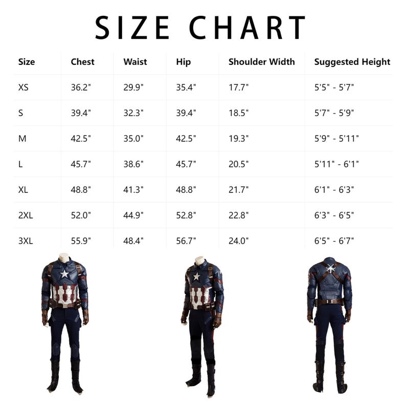 May include: Size chart for a Captain America costume, with measurements in inches for chest, waist, hip, and shoulder width. Includes suggested height ranges. Three costume examples are shown.