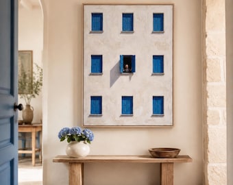The Blue Shutters: 100% Hand Painted Oil Painting, Blue Windows Canvas Wall Art, Heavy Impasto Architectural Facade Decor for Bedroom