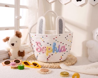 Personalized Bunny Easter Basket, Custom Name Cotton Rope Toy Storage, Kids Nursery Decor Bin, Baby Shower Gift, Embroidered Tote Bag