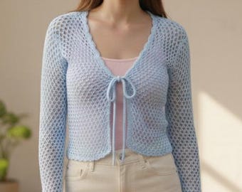 Crochet Mesh Cardigan Pattern PDF | Made to Measure Boho Tie Front Top | Lightweight Summer Shrug | Beginner Friendly