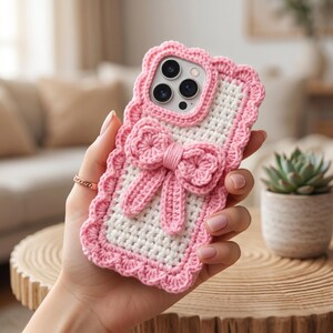 Puede incluir: Funda de tel&eacute;fono de ganchillo blanca y rosa con dise&ntilde;o de lazo. La funda tiene un borde festoneado y un lazo rosa en el centro. La funda est&aacute; dise&ntilde;ada para un tel&eacute;fono inteligente.