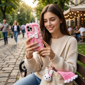 Puede incluir: Una funda de tel&eacute;fono de ganchillo rosa y blanca con un lazo y bordes festoneados. La funda la sostiene una persona. Un llavero de conejito de ganchillo y un art&iacute;culo rosa de ganchillo est&aacute;n en un bolso tote beige.