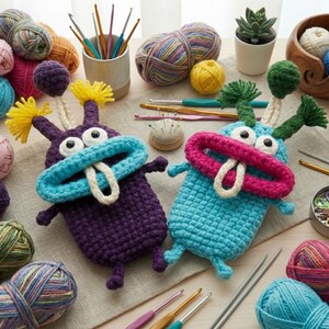 Puede incluir: Dos fundas de tel&eacute;fono hechas a mano con ganchillo en forma de monstruo, en morado y azul. Cada una tiene ojos grandes, una boca ancha y antenas. Ovillos de lana, ganchos de ganchillo y otros suministros rodean las fundas.
