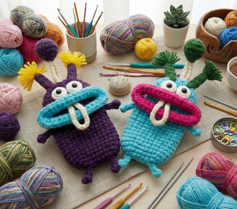 Puede incluir: Dos fundas de tel&eacute;fono hechas a mano con ganchillo en forma de monstruo, en morado y azul. Cada una tiene ojos grandes, una boca ancha y antenas. Ovillos de lana, ganchos de ganchillo y otros suministros rodean las fundas.