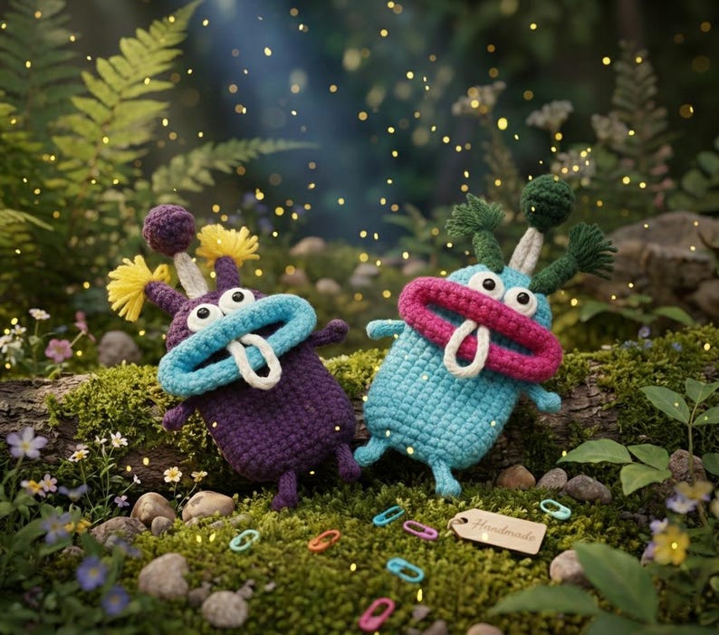 Puede incluir: Dos juguetes de monstruos hechos a mano con ganchillo en un entorno forestal. Uno es morado con detalles amarillos, el otro es azul con detalles rosas. Ambos tienen bocas grandes, lenguas blancas y ojos grandes. Los juguetes est&aacute;n rodeados de musgo, flores y clips de colores.