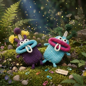 Puede incluir: Dos juguetes de monstruos hechos a mano con ganchillo en un entorno forestal. Uno es morado con detalles amarillos, el otro es azul con detalles rosas. Ambos tienen bocas grandes y lenguas blancas. Los juguetes est&aacute;n rodeados de musgo, flores y clips de colores.