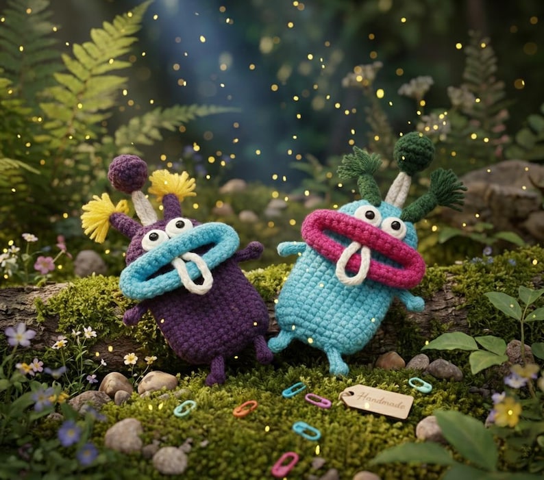 Puede incluir: Dos juguetes de monstruos hechos a mano con ganchillo en un entorno forestal. Uno es morado con detalles amarillos, el otro es azul con detalles rosas. Ambos tienen bocas grandes y lenguas blancas. Los juguetes est&aacute;n rodeados de musgo, flores y clips de colores.