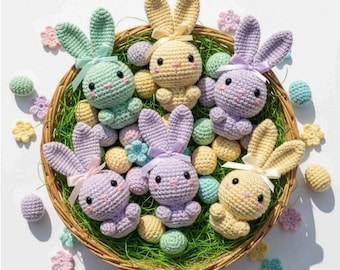 Motif au crochet Amigurumi de lapin de Pâques pastel | Joli lapin en peluche PDF | Motif au crochet lapin printanier | Décoration de panier de Pâques |