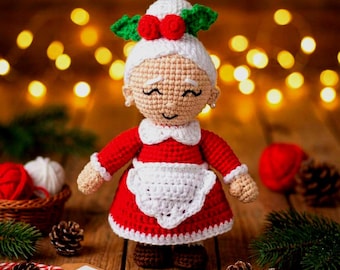 Patrón de crochet para amigurumi de la Señora Claus: adorable muñeca navideña (tutorial en PDF) - Patrón de decoración navideña de crochet para principiantes