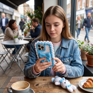 Puede incluir: Una funda de tel&eacute;fono de ganchillo blanca y azul con un detalle de lazo. La funda tiene un borde festoneado y la sostiene una persona. Un peque&ntilde;o conejito de ganchillo blanco y azul est&aacute; sobre la mesa de madera. Una taza de caf&eacute; y un cruas&aacute;n tambi&eacute;n est&aacute;n sobre la mesa.