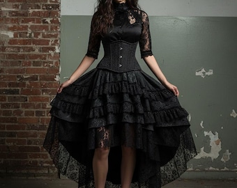 Black Gothic High Low Skirt, Layered Lace Ruffle Skirt, Victorian Steampunk Skirt, Asymmetrical Midi Skirt, Dark Aesthetic Skirt