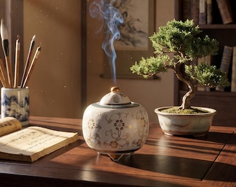 Japanese Incense Burner, Kutani Ware White Dot Clematis Koro, Tea Room Decor