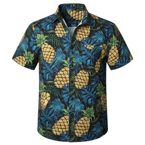 Camicia hawaiana blu e gialla con ananas, maniche corte, casual, floreale, con bottoni, stile tropicale, Aloha, vacanze estive al mare, uomo e donna