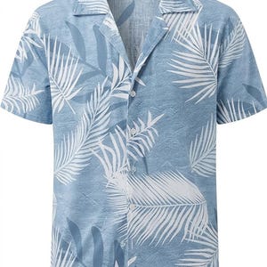 May include: Light blue button-down shirt with a tropical leaf pattern. The short-sleeved shirt features white palm fronds and leaves against a textured blue background. The shirt has a classic collar and a button-up front.