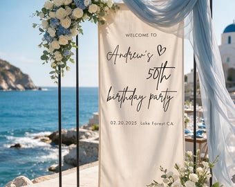 Striscione di benvenuto personalizzato per il compleanno, cartello di sfondo per compleanni importanti, decorazioni per feste di compleanno all'aperto in giardino o in spiaggia, cartello in tessuto personalizzato