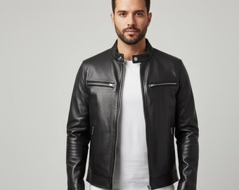 Men's Quilted Black Leather Cafe Racer Jacket, Slim Fit Moto Biker Jacket