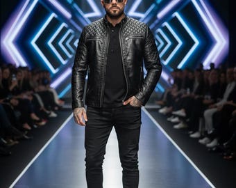May include: A black leather jacket with a quilted pattern on the shoulders and upper chest. The jacket is worn over a black polo shirt and black jeans. The person is wearing sunglasses and standing on a runway.