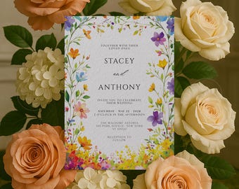 May include: A wedding invitation featuring the names "Stacey and Anthony" with floral border. The invitation includes the date, time, and location of the wedding, surrounded by peach and cream roses and white hydrangeas.