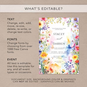 May include: A floral wedding invitation template with the names "Stacey and Darren" in the center. The invitation includes the wedding date, time, and location. The design features watercolor flowers and the text "What's Editable?"